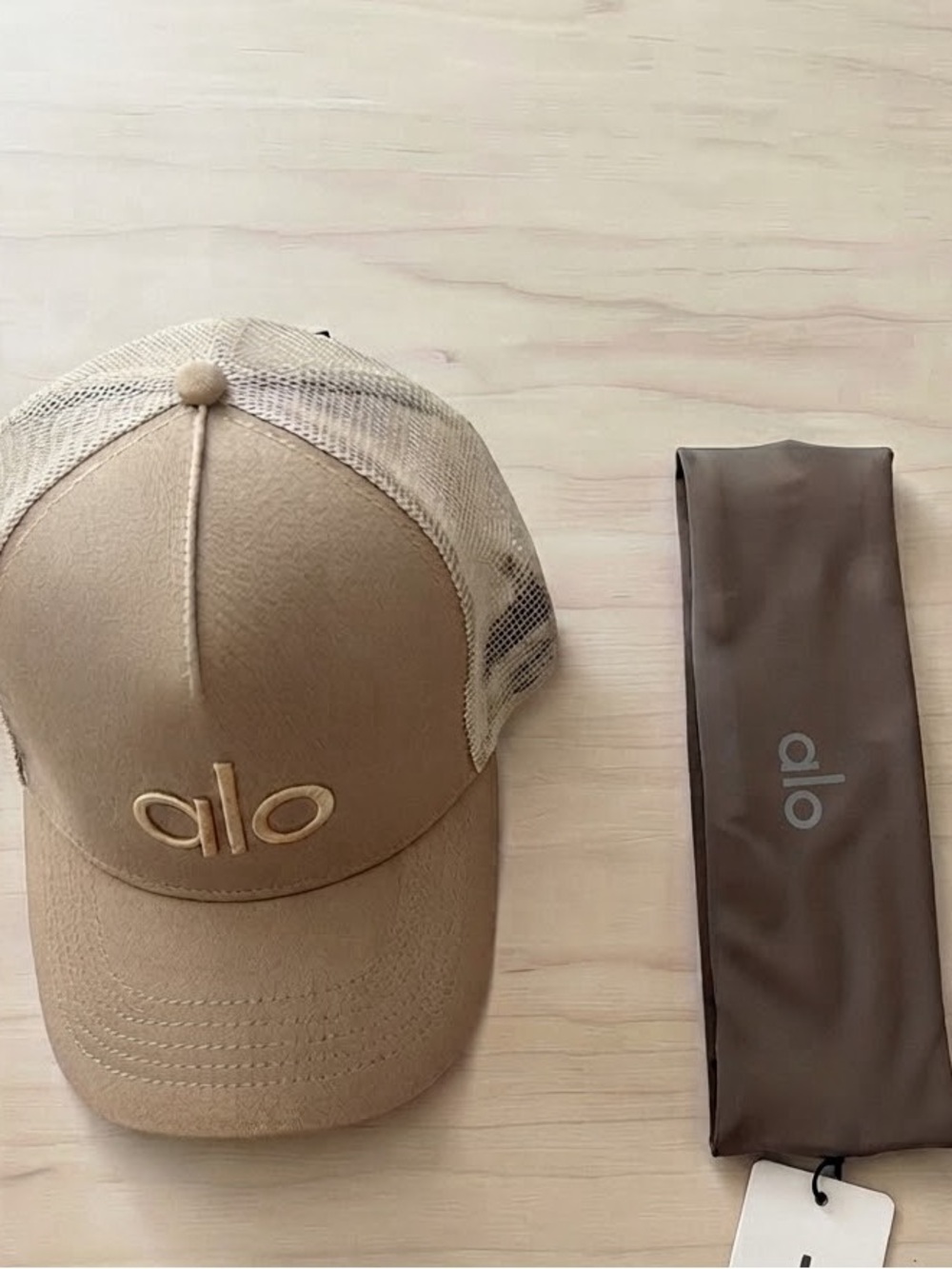 ALO Yoga Trucker Cap hat Beige Tan camel Headband stretch gym fitness lot bundle
